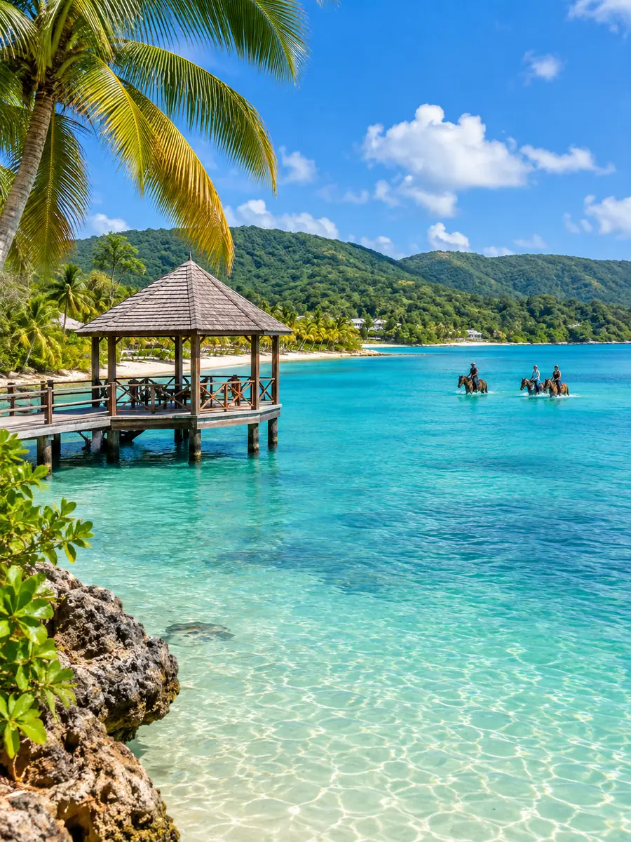 Une crique turquoise avec un kiosque en bois sur l'eau et des cavaliers qui font avancer leurs chevaux dans les eaux peu profondes