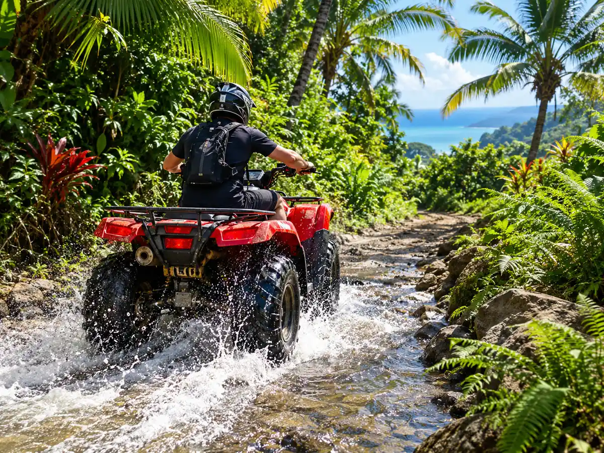 Un pilote de quad traversant un ruisseau peu profond sur un sentier de jungle