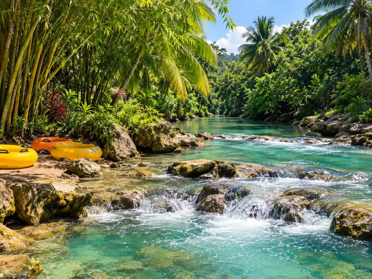 Des bouées posées sur la berge d'une rivière tropicale limpide avec de petits rapides